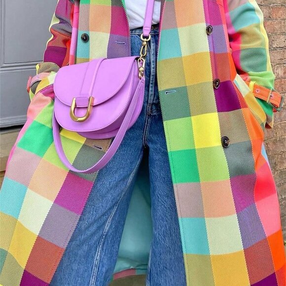 Multicolor Casual Elegant Women's Plaid Double Breasted Trench Coat with Pockets - Picture 4 of 8